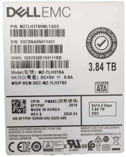 (image for) 0FYP5F Dell 3.84TB 6G 2.5in SATA RI SSD w/ DXD9H Caddy